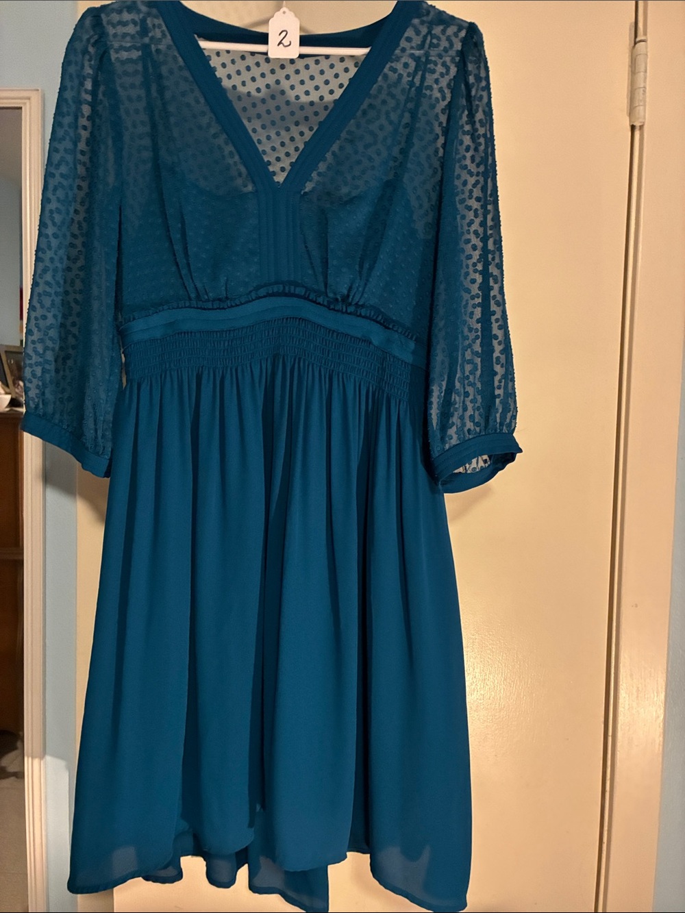 HD in Paris Teal Midi Dress with Sheer Dot Sleeves 4 Petite